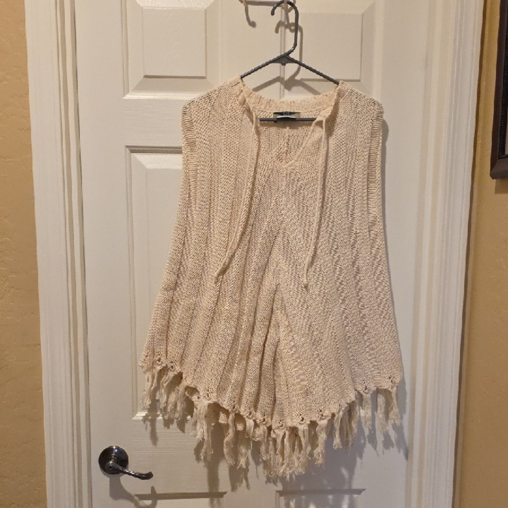 Mimi Maternity Cream Knit Poncho with Fringe